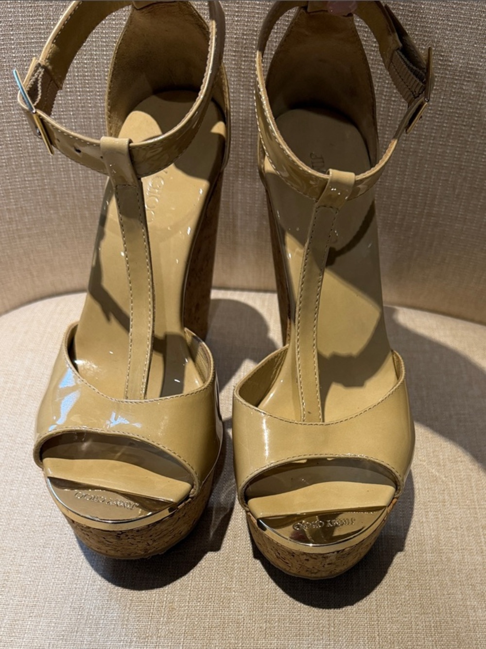 Jimmy Choo Beige Patent T-Strap Platform Sandals with Cork Sole